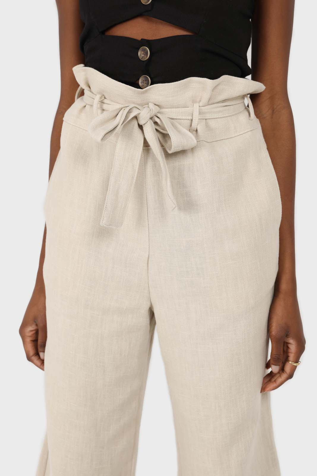 Beige belted wide leg linen trousers