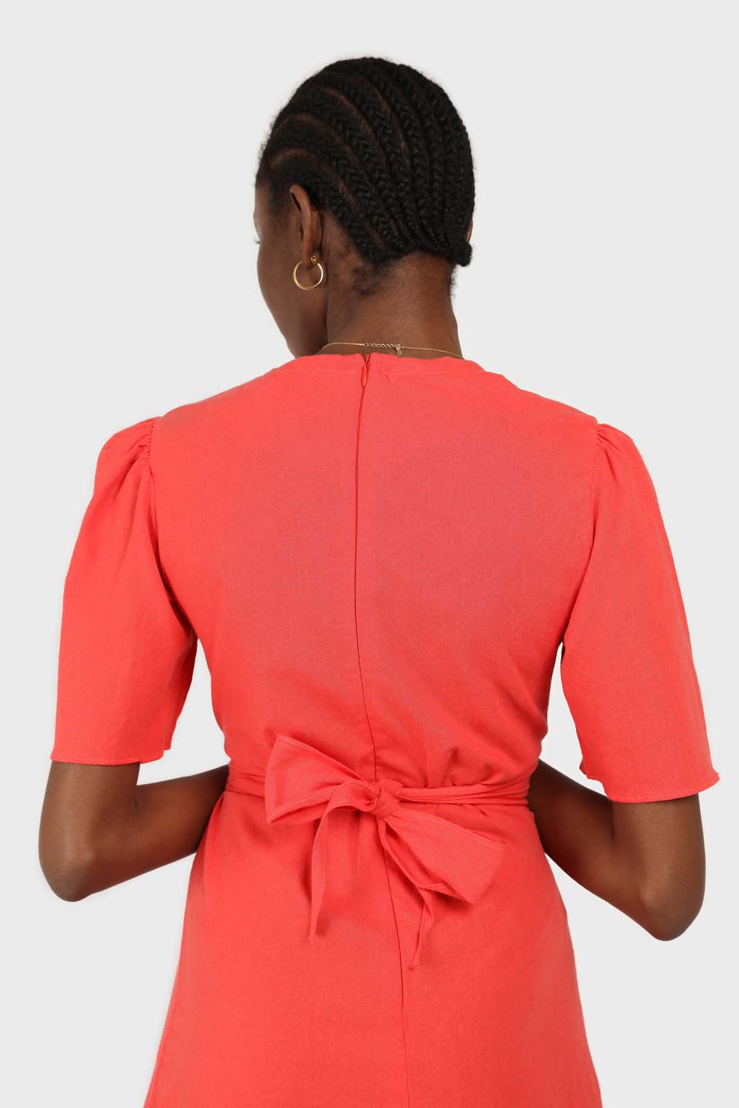 Red tie front short sleeved linen dress