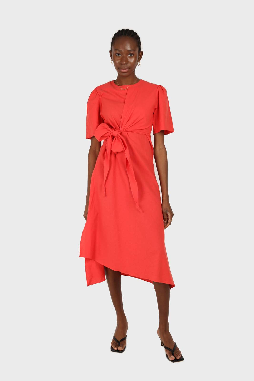 Red tie front short sleeved linen dress