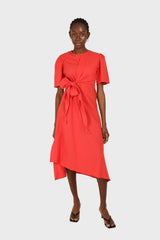 Red tie front short sleeved linen dress