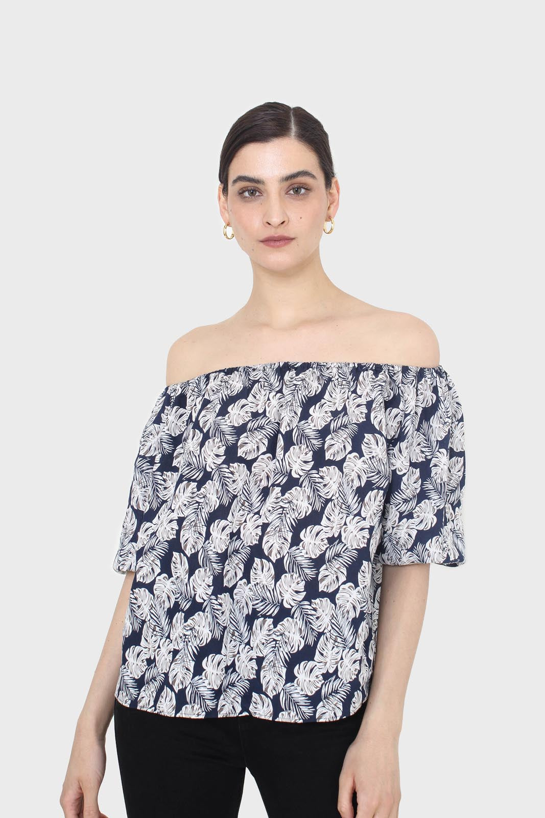 Blue and white floral off shoulder top