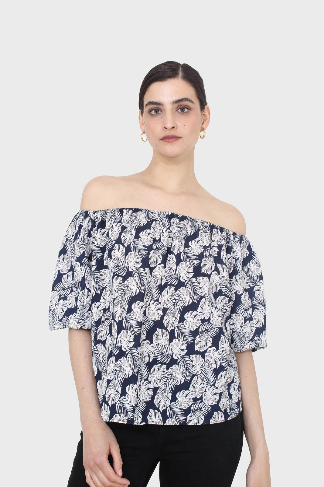 Blue and white floral off shoulder top