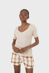 Beige double V-neck ribbed tee