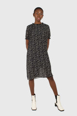 Black and white floral micro pleated belted dress
