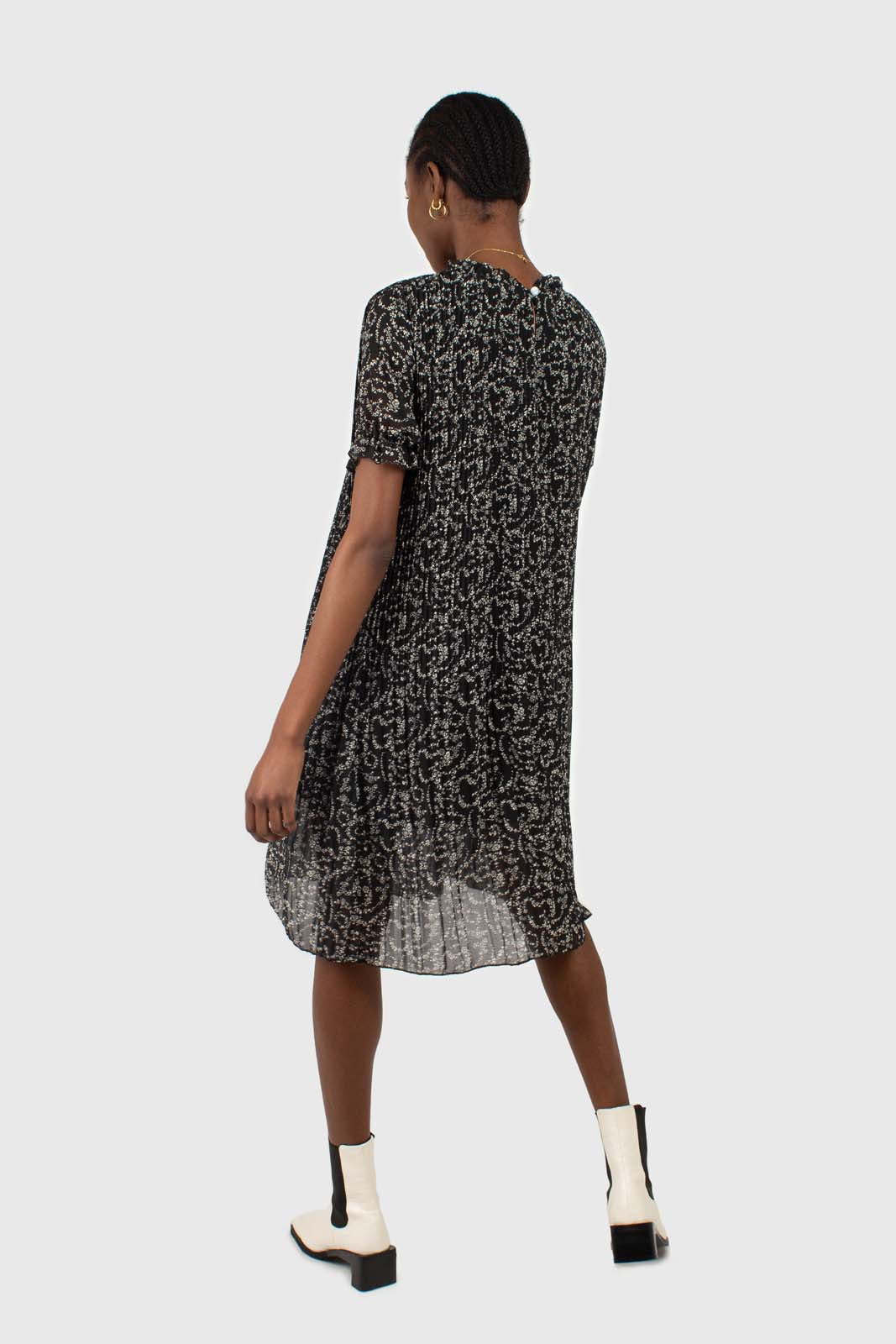 Black and white floral micro pleated belted dress