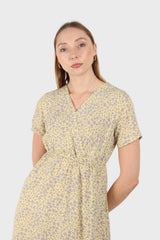 Pale yellow and grey floral V-neck mini dress