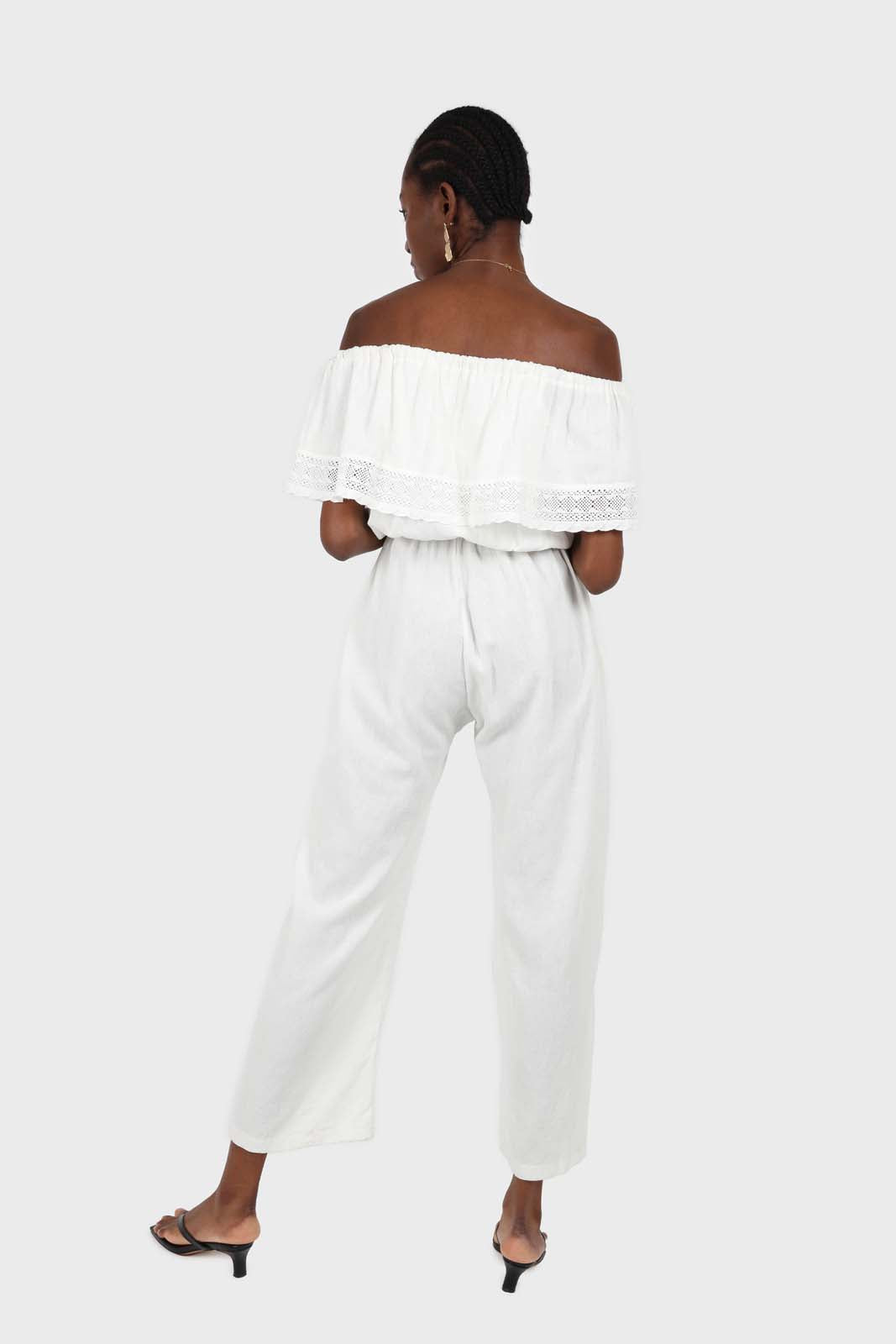 Ivory ruffle off shoulder jumpsuit
