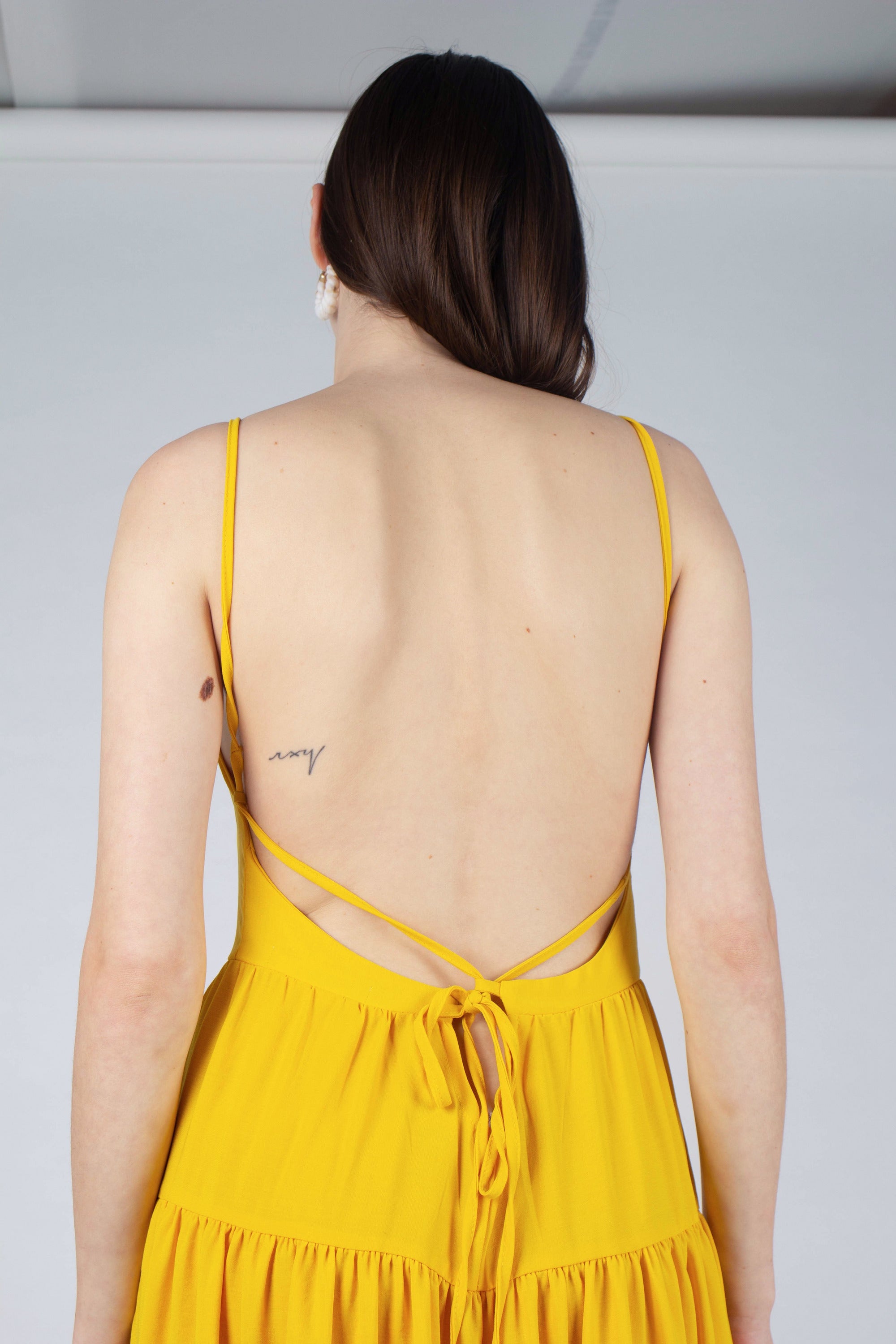 Yellow tiered tie back maxi dress