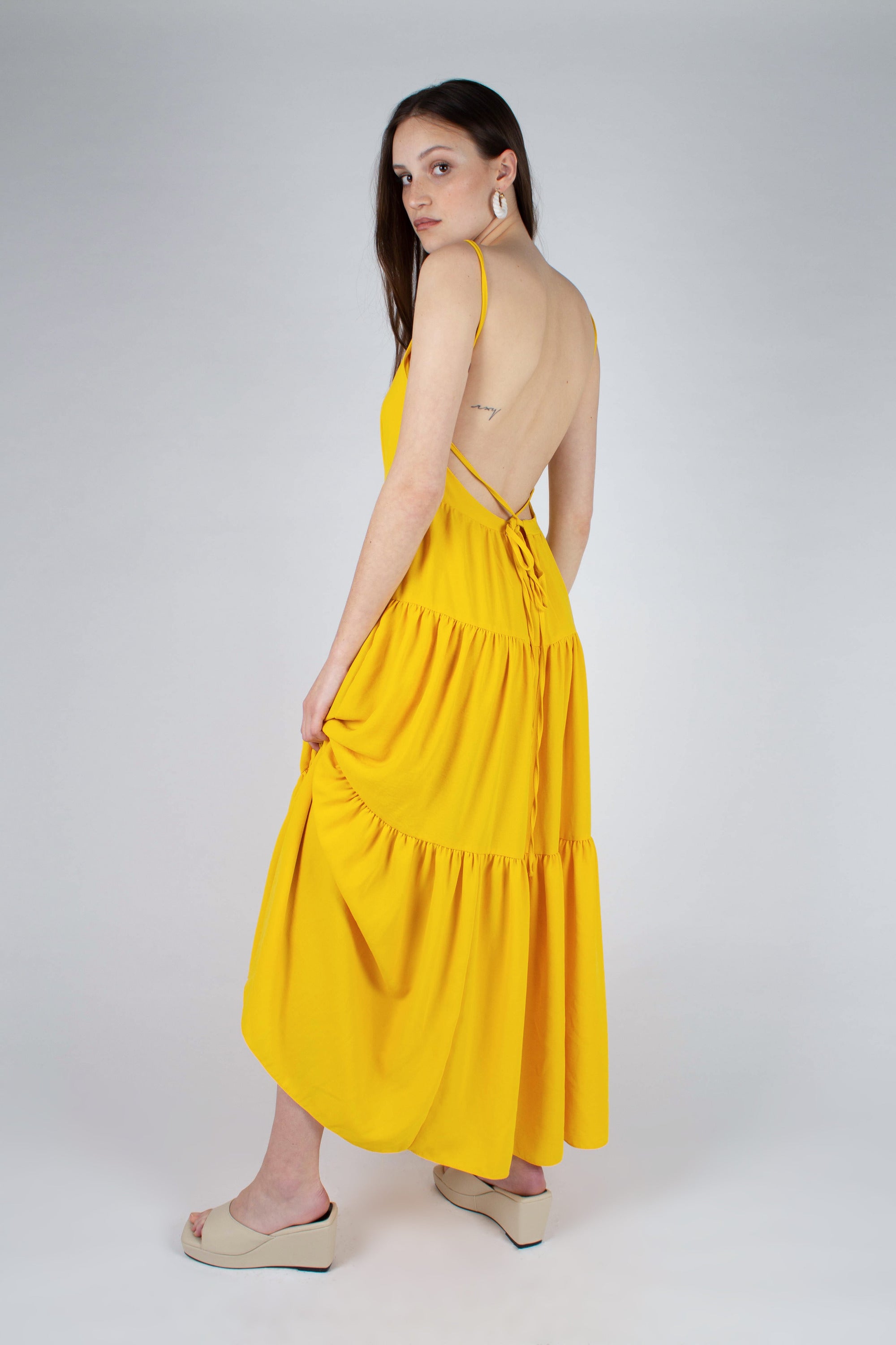 Yellow tiered tie back maxi dress