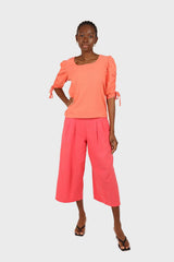 Orange pull string sleeve linen top