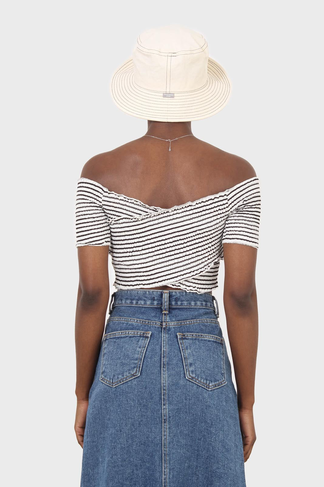 Black and white stripe ruched cropped off shoulder tee