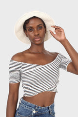 Black and white stripe ruched cropped off shoulder tee