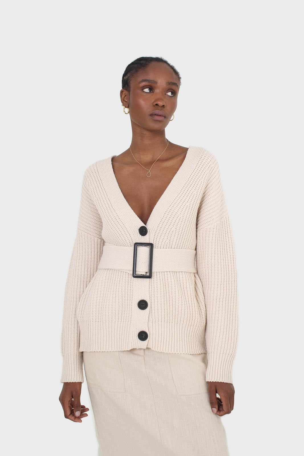 Beige patch pocket linen midi skirt