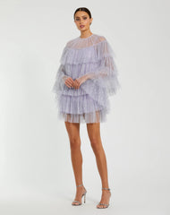 Purple Embellished High Neck Ruffle Mini Dress