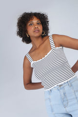 Ivory and black striped frill trim knit tank