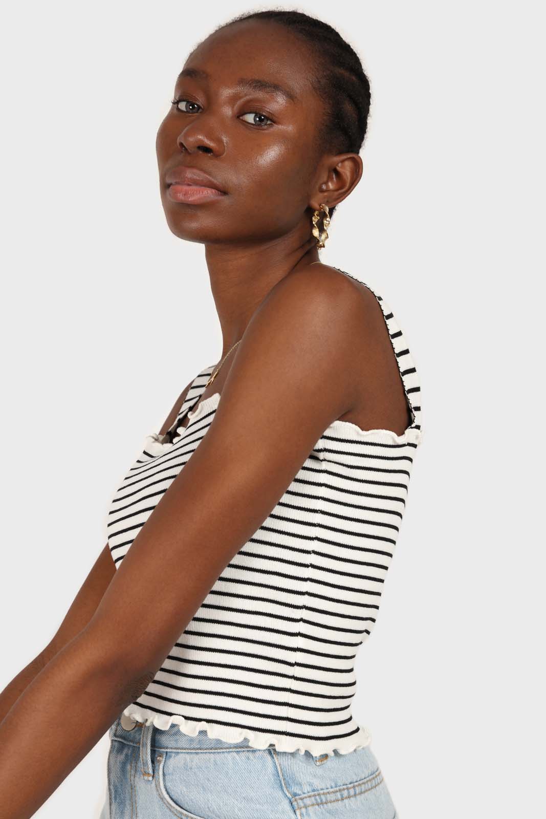 Ivory and black striped frill trim knit tank