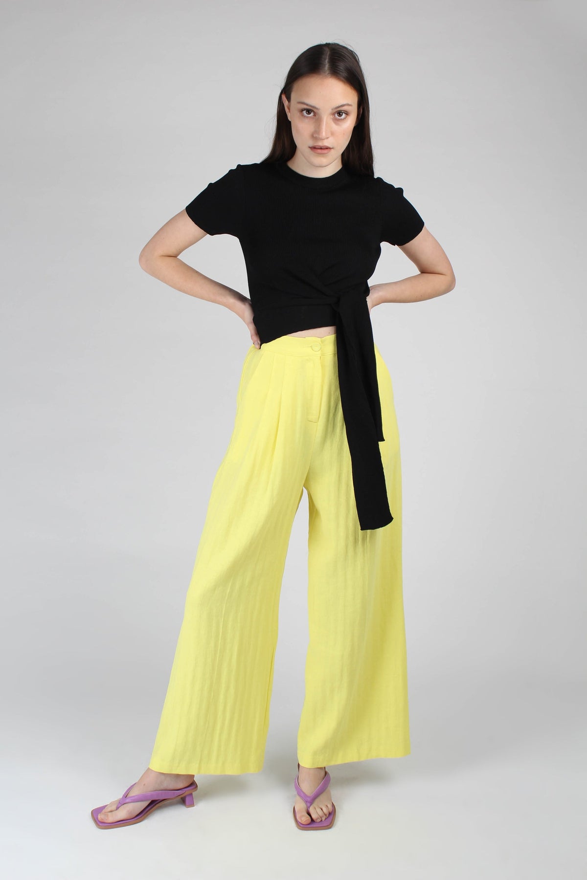 Bright yellow herringbone linen wide trousers