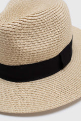 Light beige and black woven fedora hat