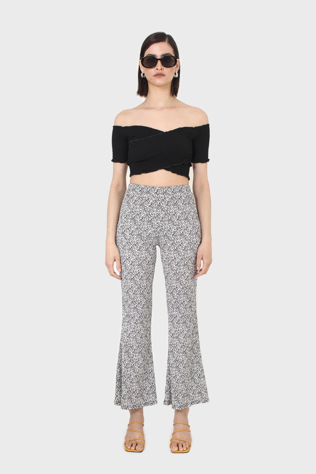 Black ruched cropped off shoulder tee
