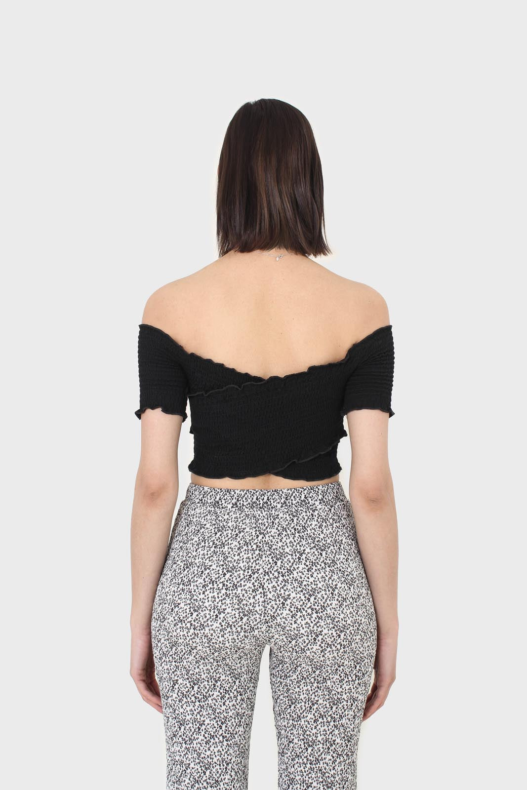 Black ruched cropped off shoulder tee