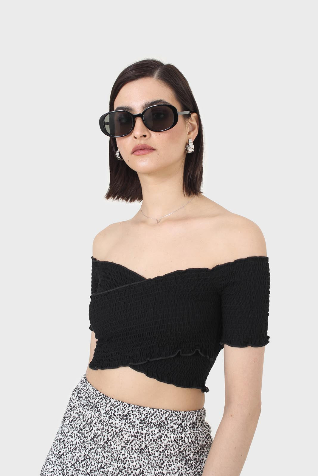 Black ruched cropped off shoulder tee