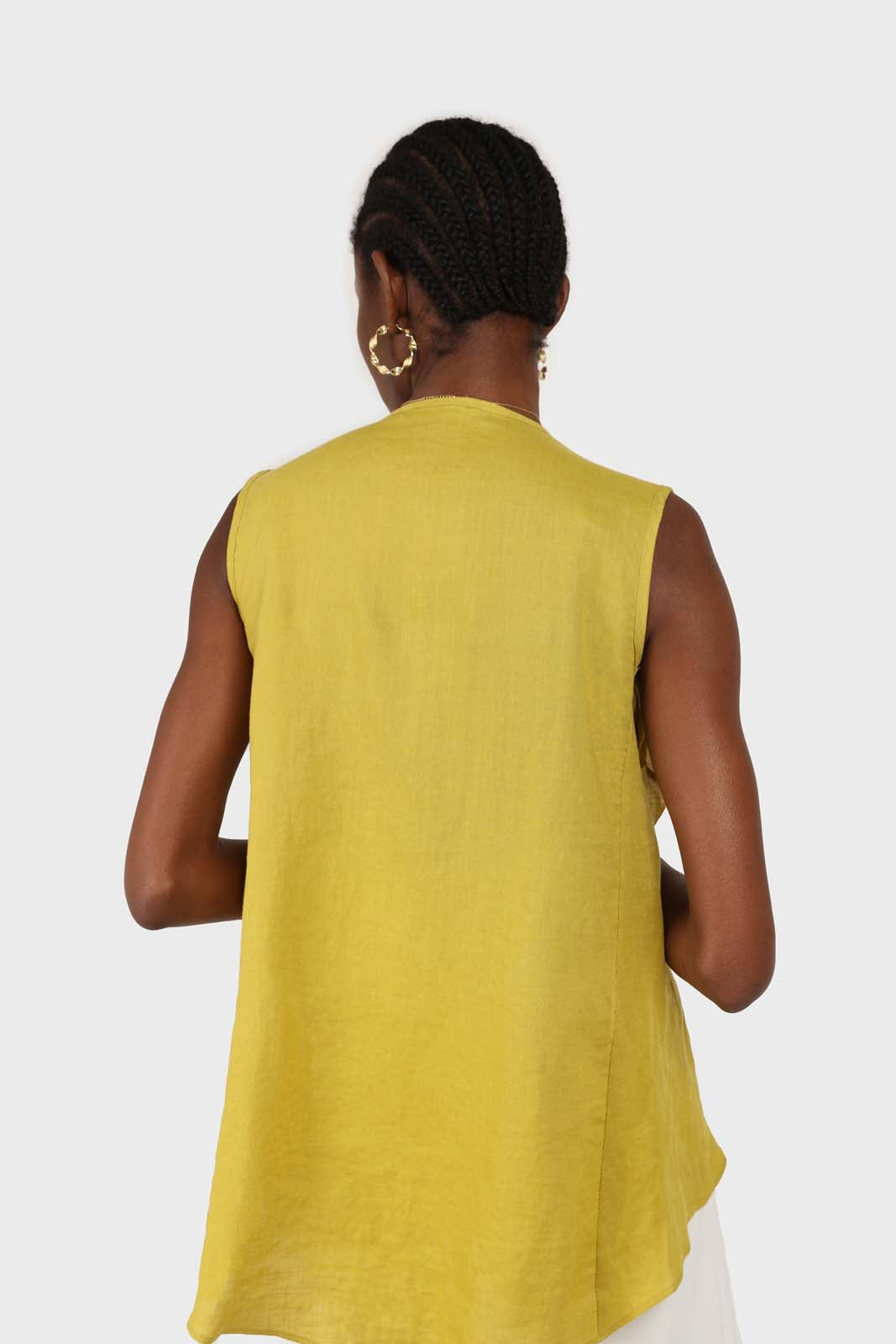 Green linen layered ruffle sleeveless wrap top