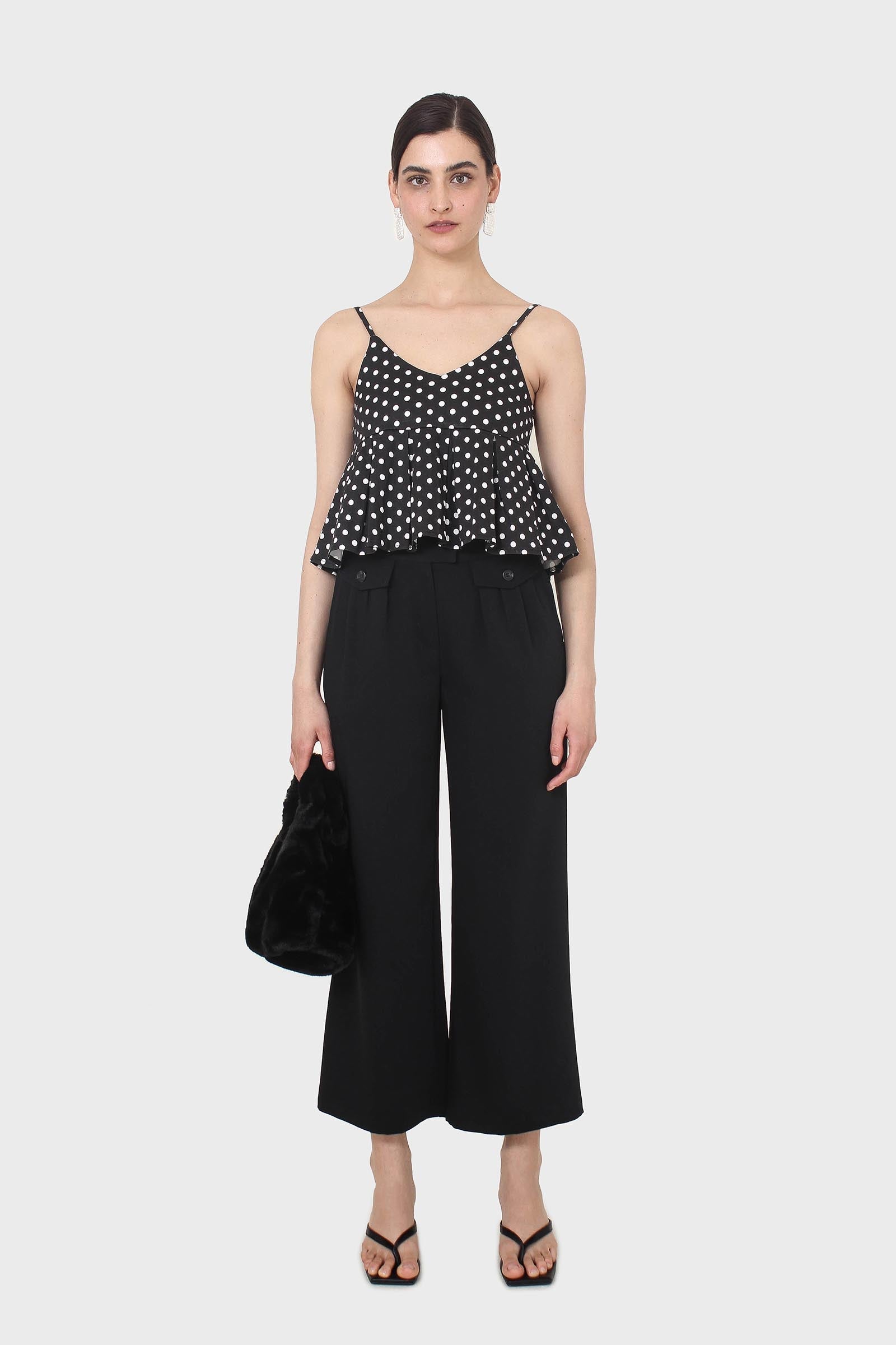 Black and white polka dot spaghetti strap tank