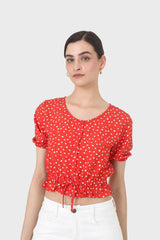 Red and white floral cropped blouse