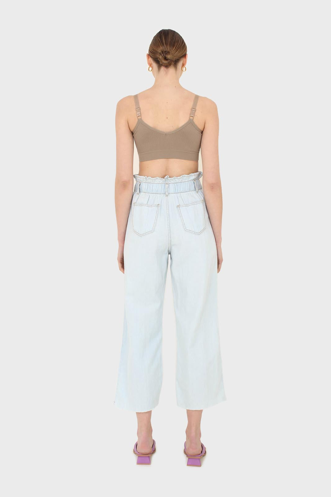 Ice blue ruched waist wide fit denim trousers - 5029