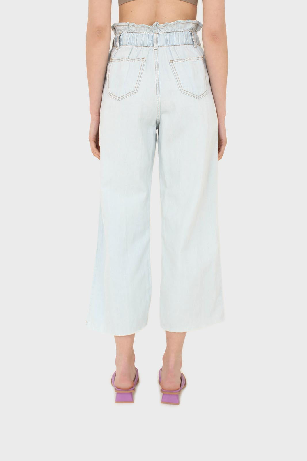 Ice blue ruched waist wide fit denim trousers - 5029