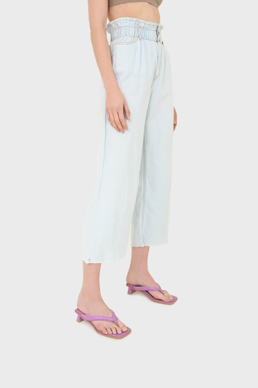 Ice blue ruched waist wide fit denim trousers - 5029