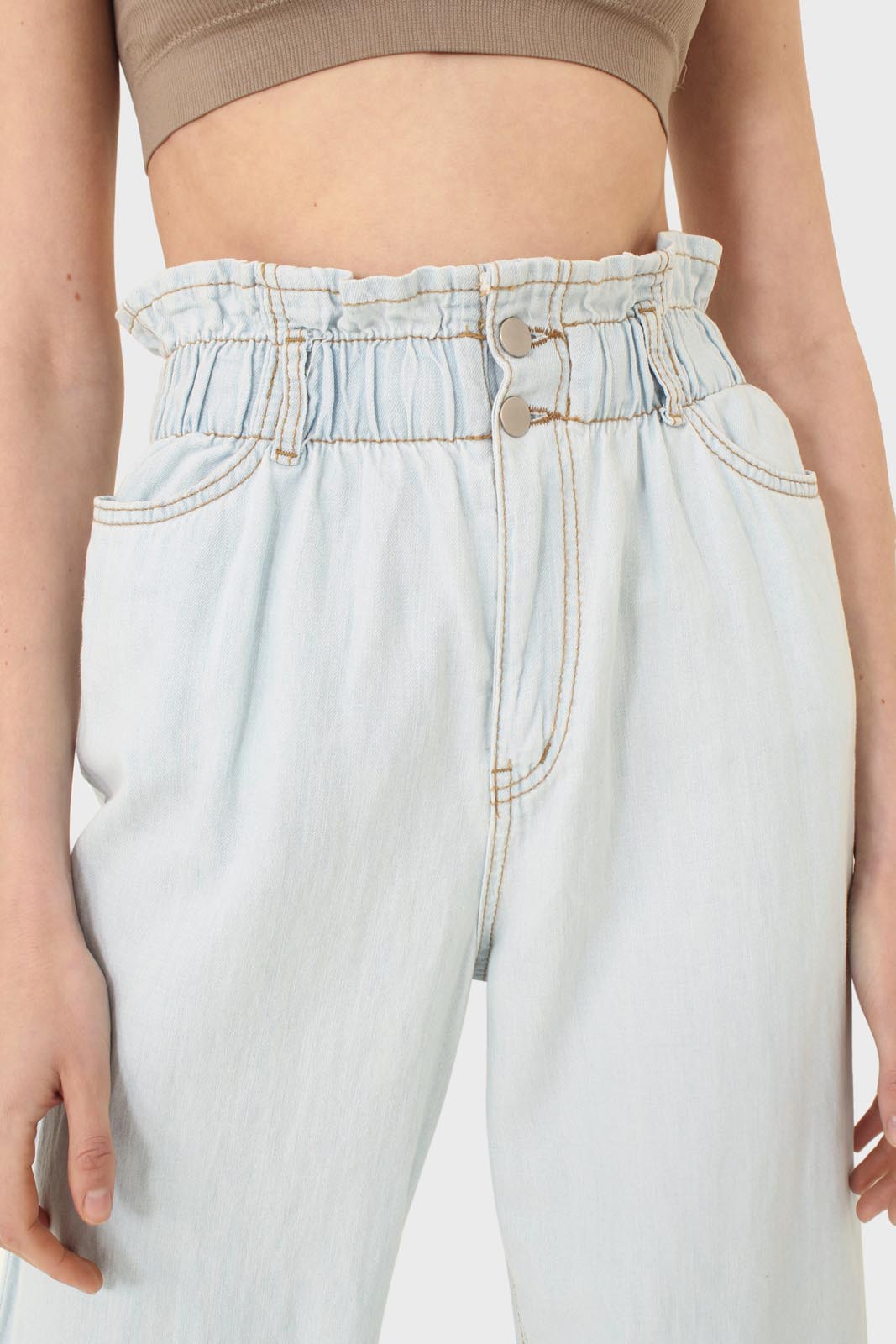 Ice blue ruched waist wide fit denim trousers - 5029