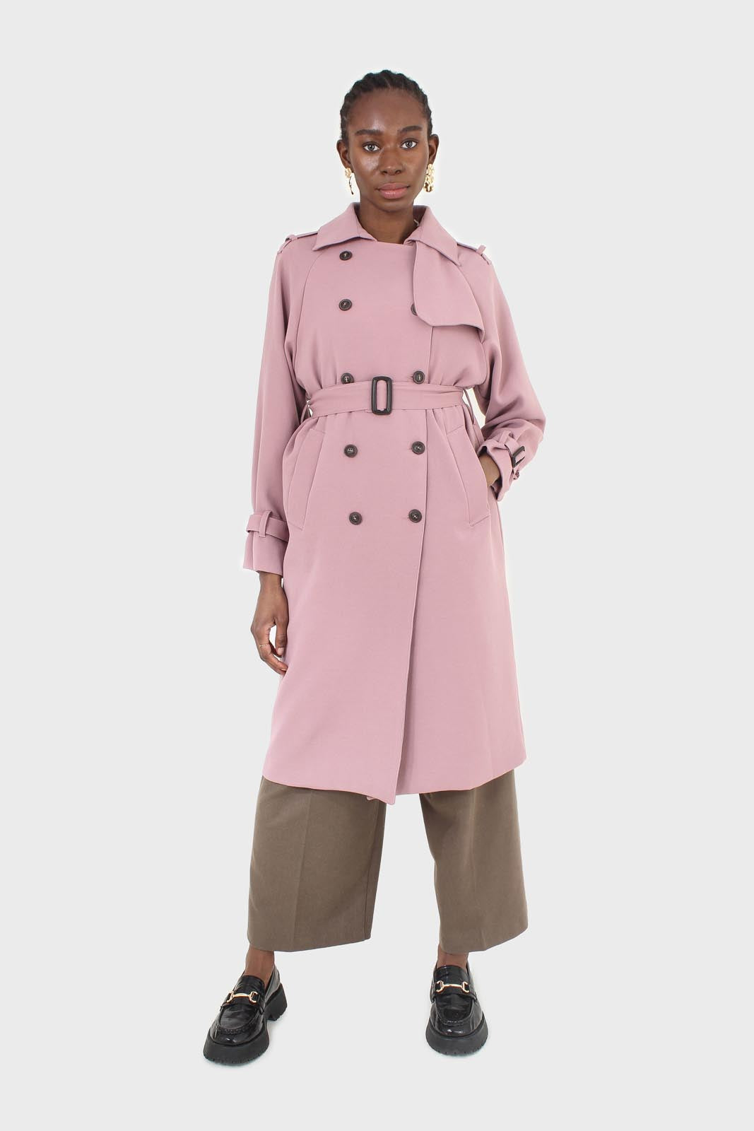 Pale pink double breasted belted trench coat