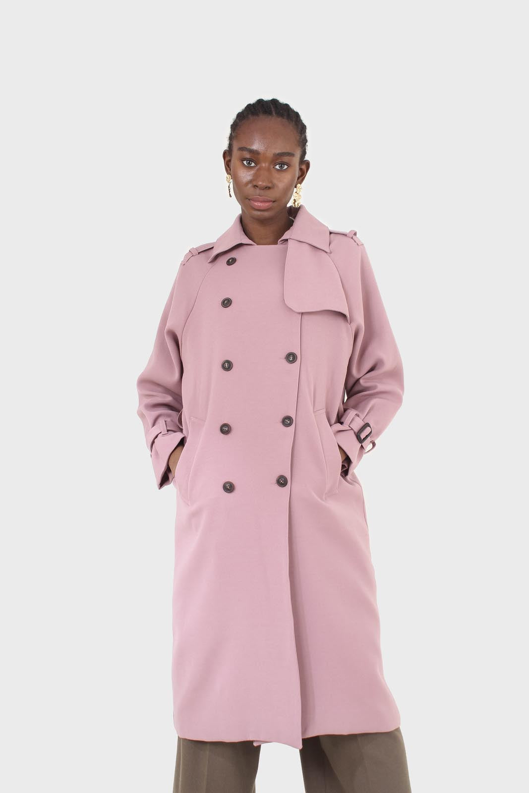 Pale pink double breasted belted trench coat