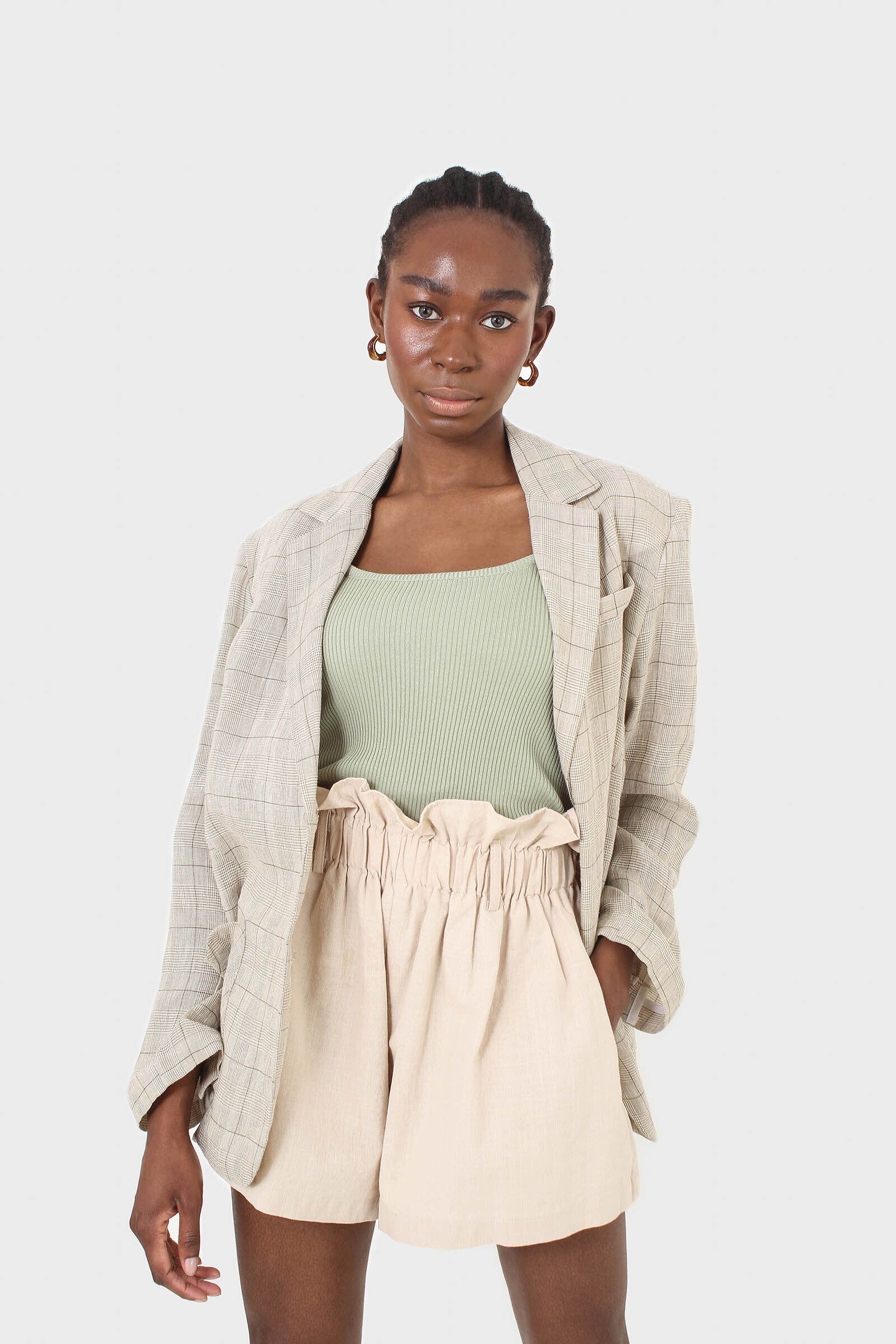 Pale khaki checked oversized linen blazer