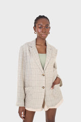 Pale khaki checked oversized linen blazer