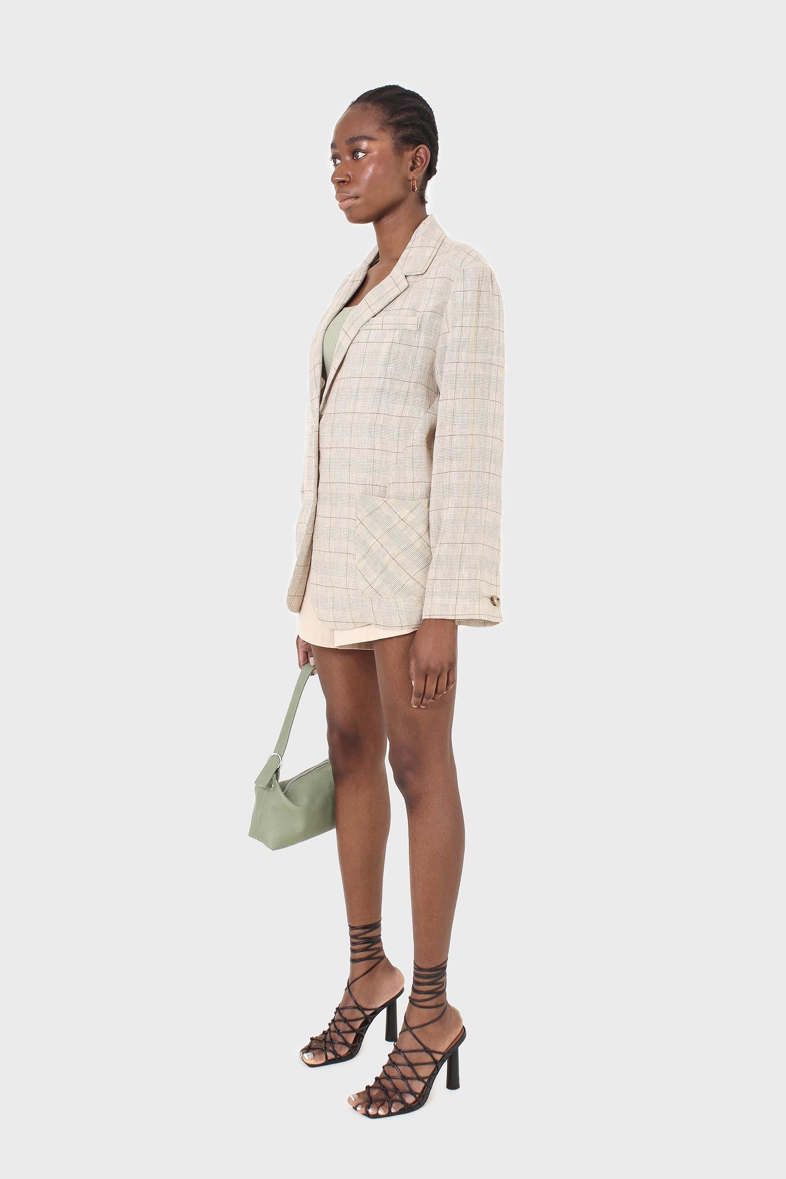 Pale khaki checked oversized linen blazer
