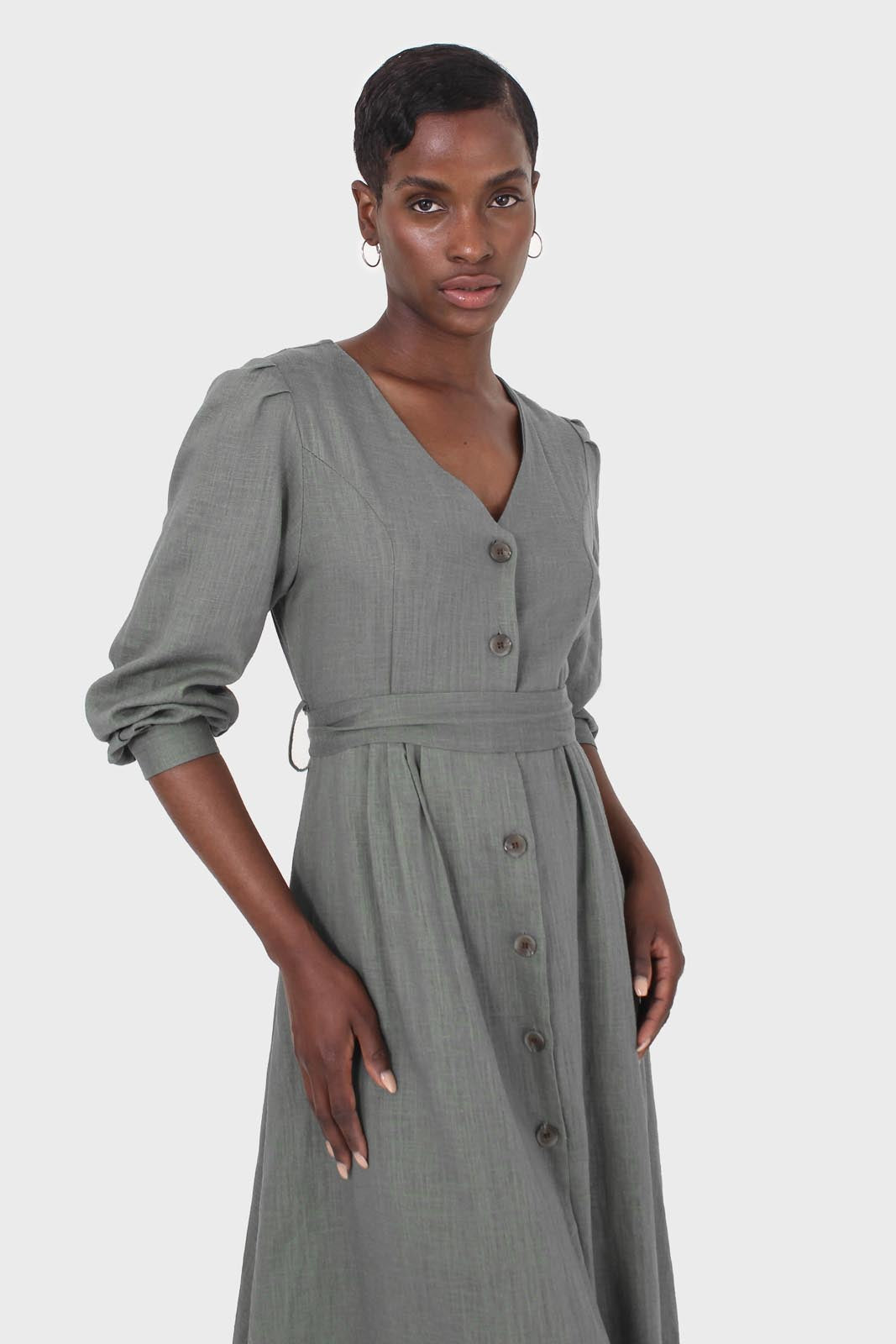 Khaki V-neck button front belted linen dress