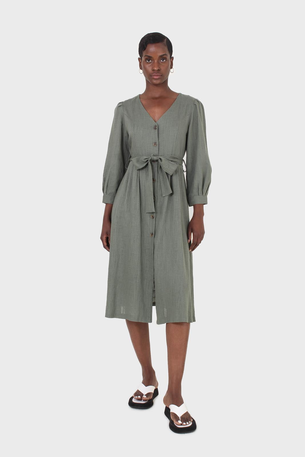 Khaki V-neck button front belted linen dress