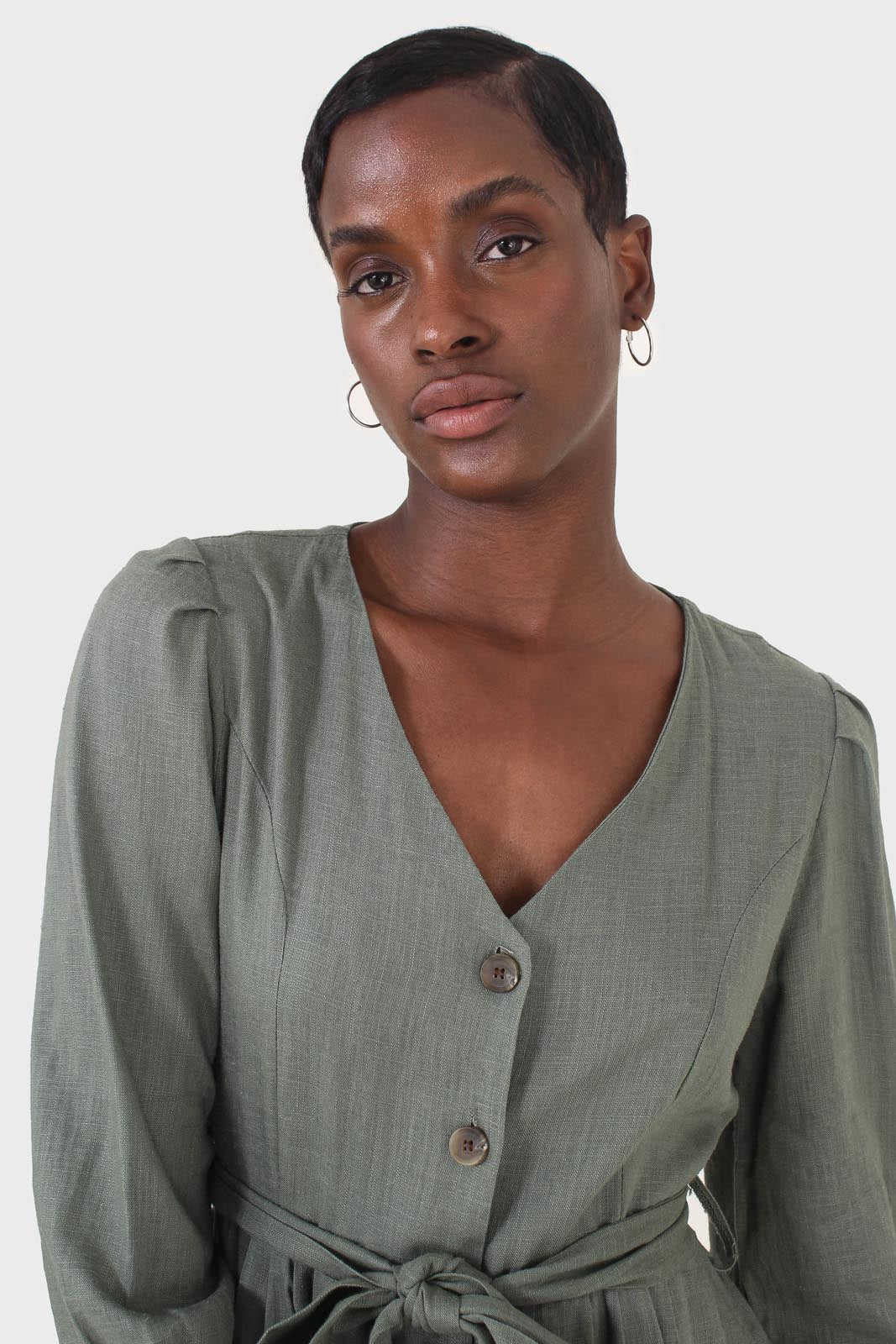 Khaki V-neck button front belted linen dress