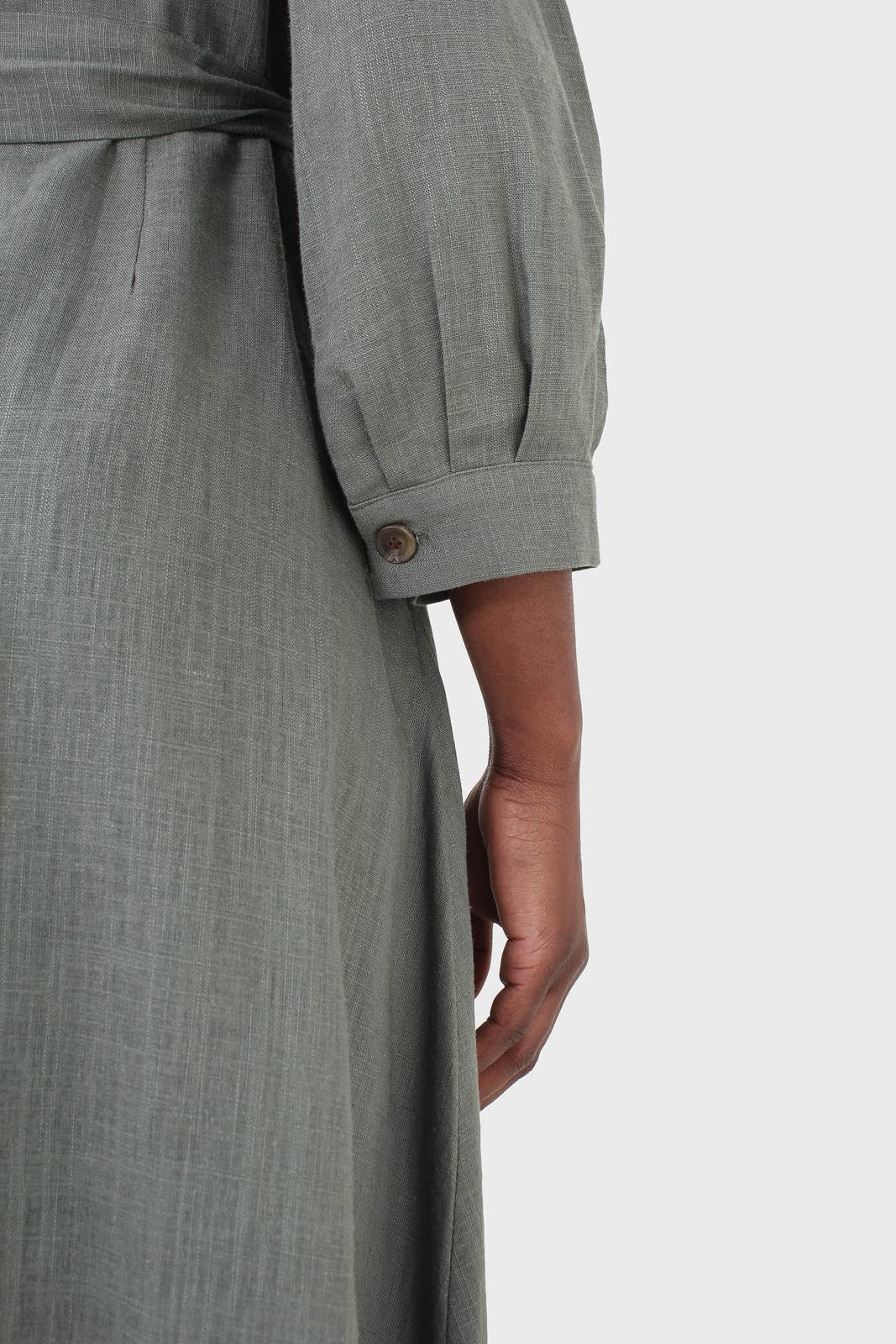 Khaki V-neck button front belted linen dress