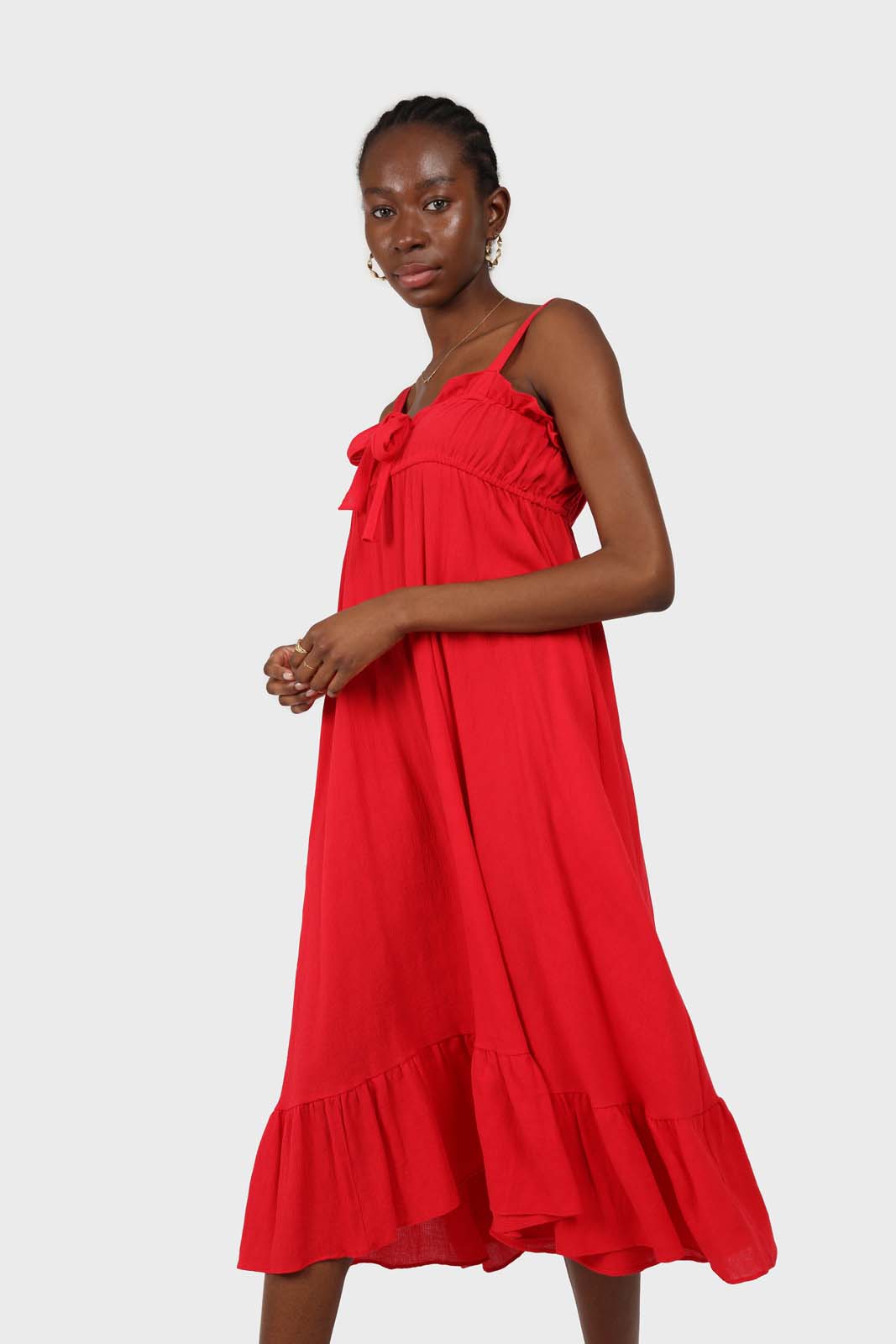 Red tie front ruffle maxi dress