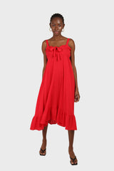 Red tie front ruffle maxi dress