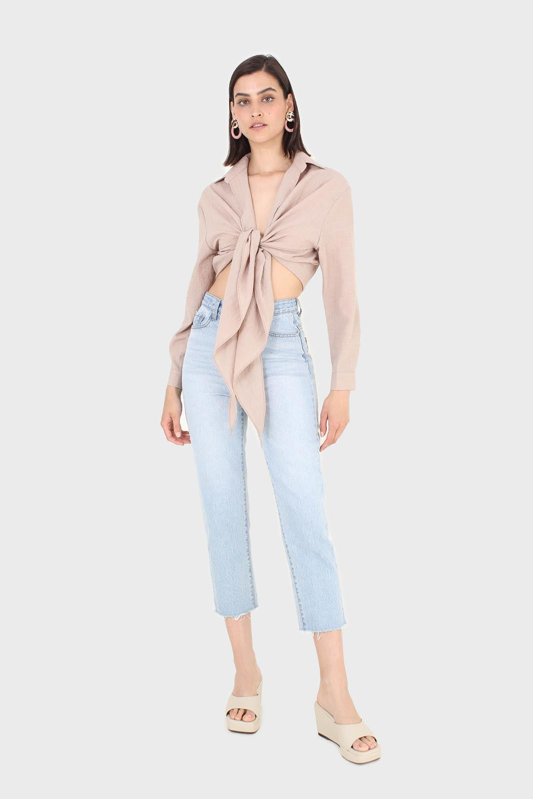 Beige linen plunging tie front shirt