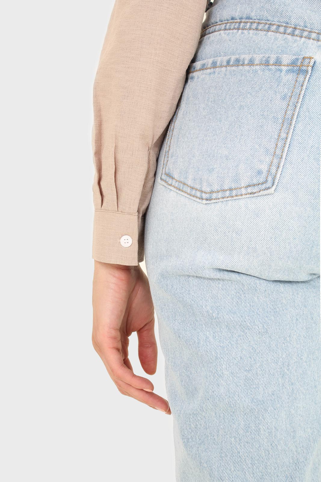 Beige linen plunging tie front shirt