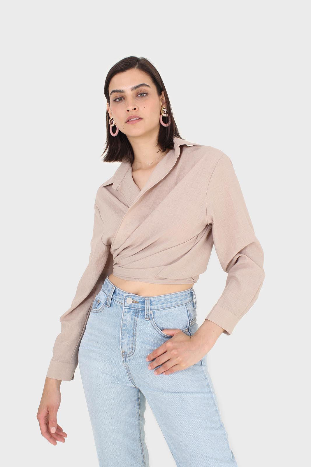 Beige linen plunging tie front shirt