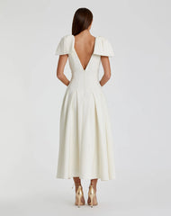 Ivory Crepe A Line Midi Dress With Bow Straps