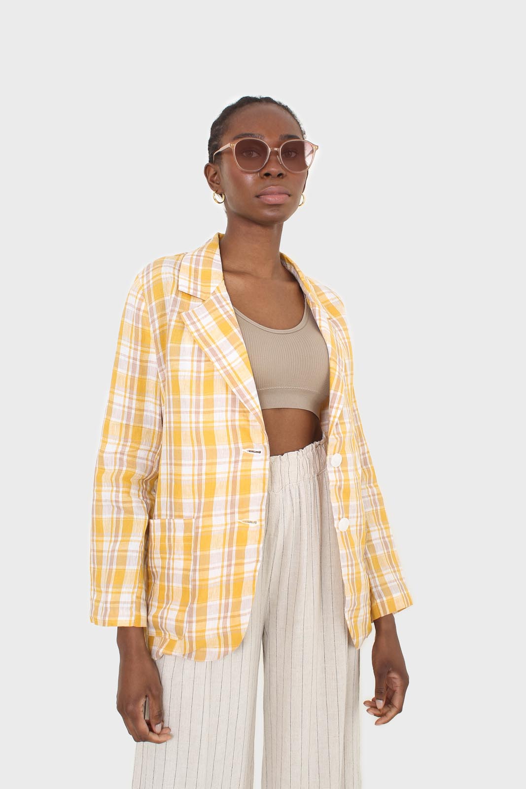 Yellow and brown checked linen blazer