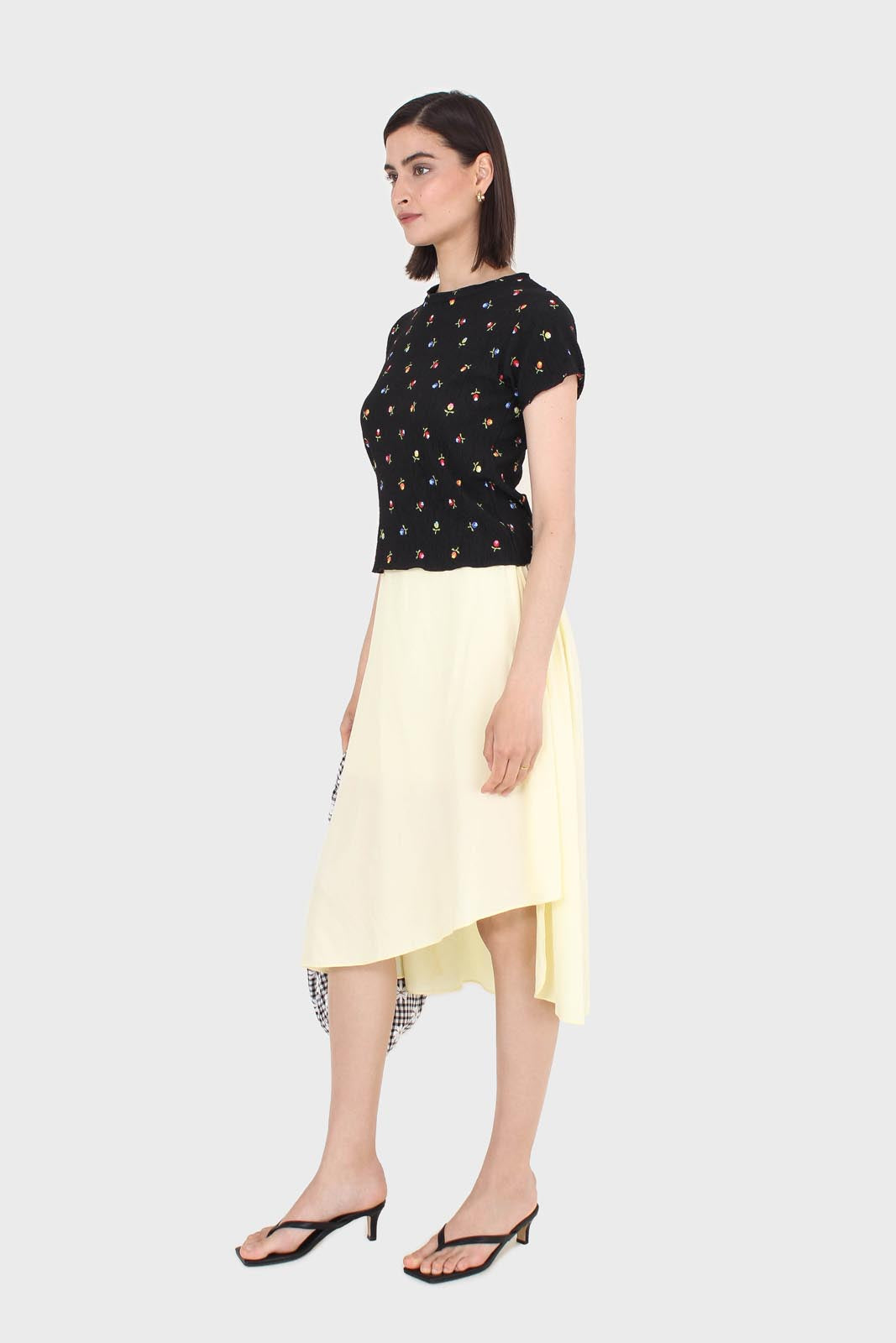 Pale yellow asymmetric hem midi skirt