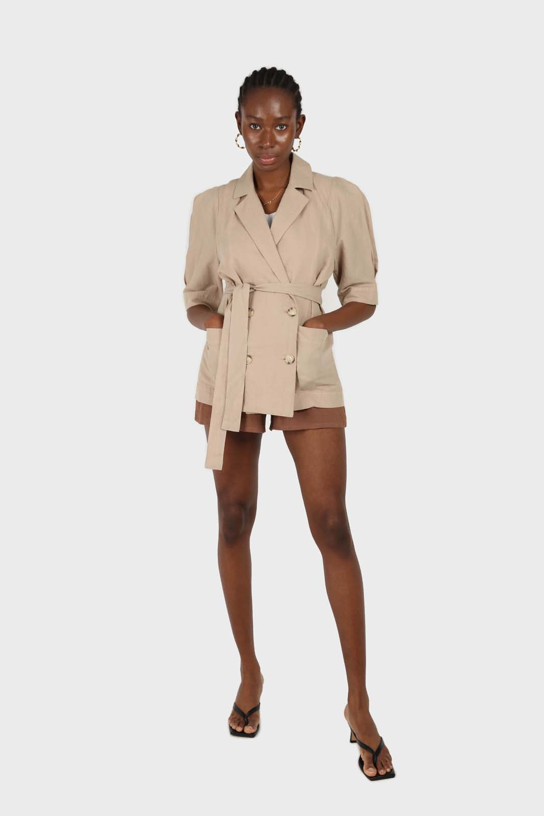 Beige double breasted short sleeved blazer